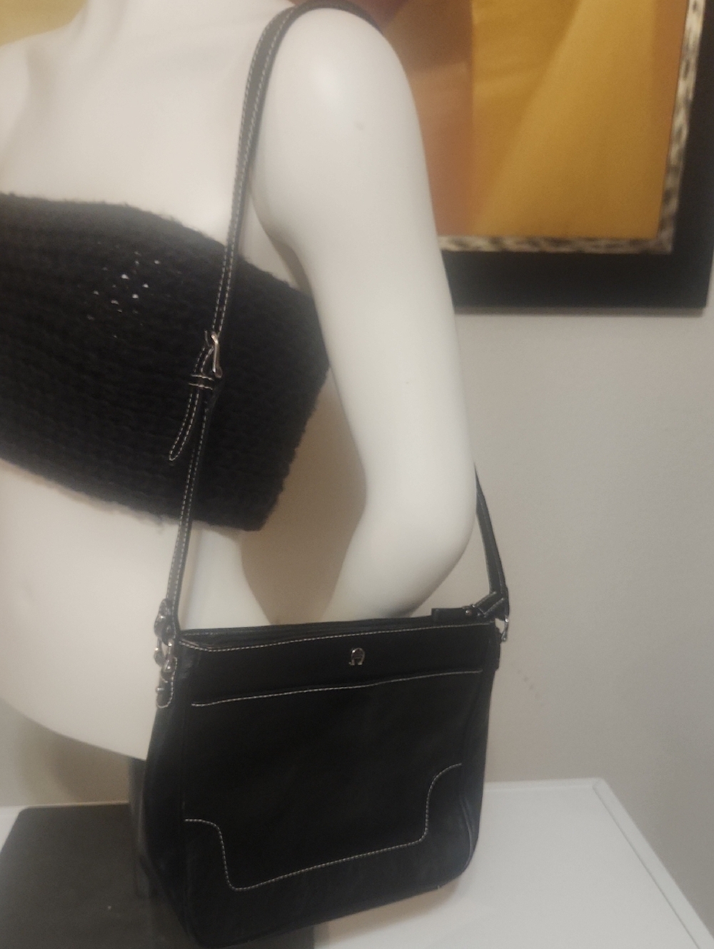 Etienne Aioner Black Shoulder Bag with Contrast Stitching